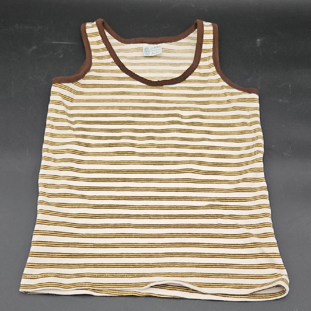 Vintage Carol Evans Striped Brown Yellow White Kids Tank Top M 10/12 70s 80s